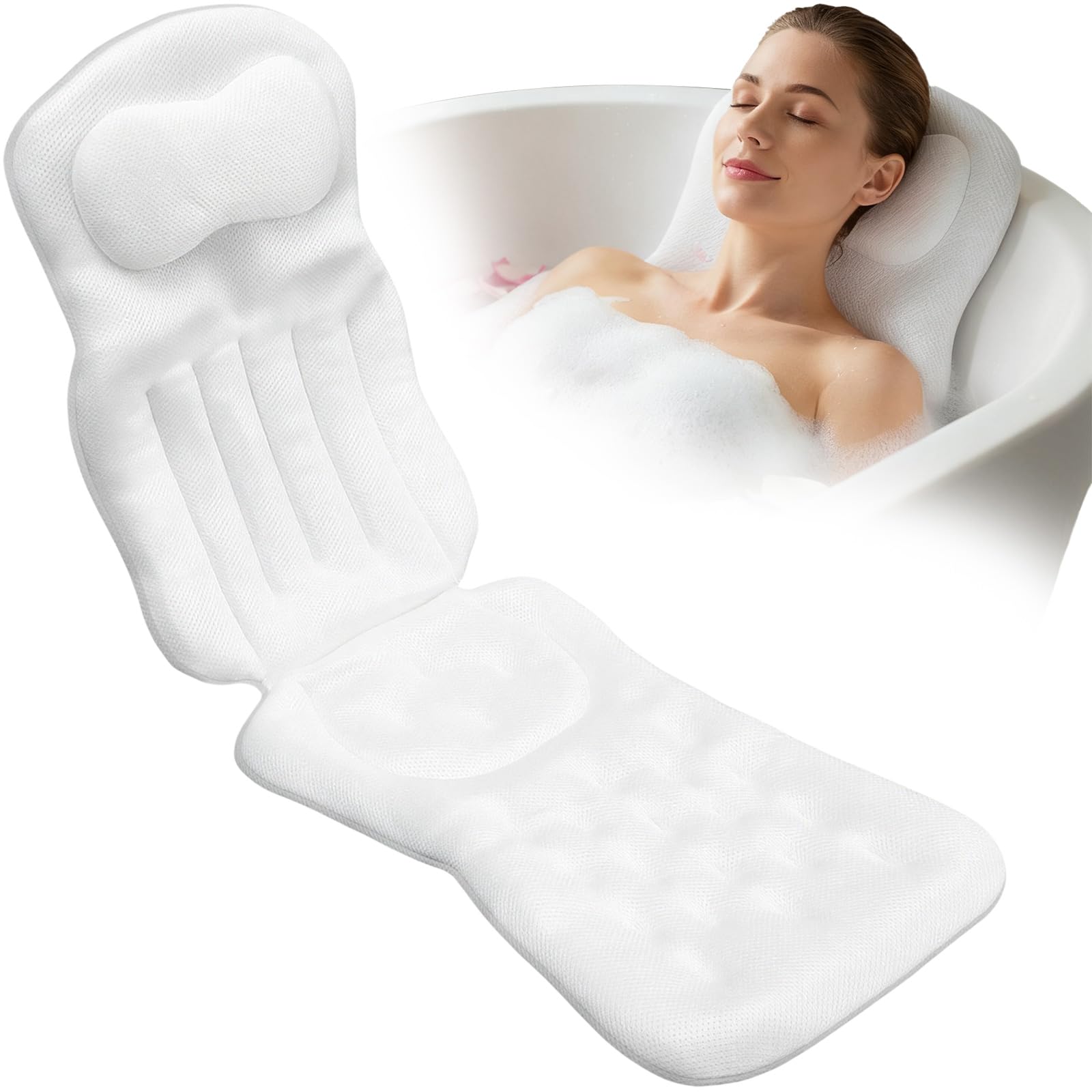 Photo 1 of Full Body Bath Pillow for Bathtub, Thick Bathtub Cushion for Soaking Tub with Suction Cups Ergonomic Luxury 3D Mesh Spa Bath Mat with Laundry Bag and Scraper for Neck and Back, 51"x15", White