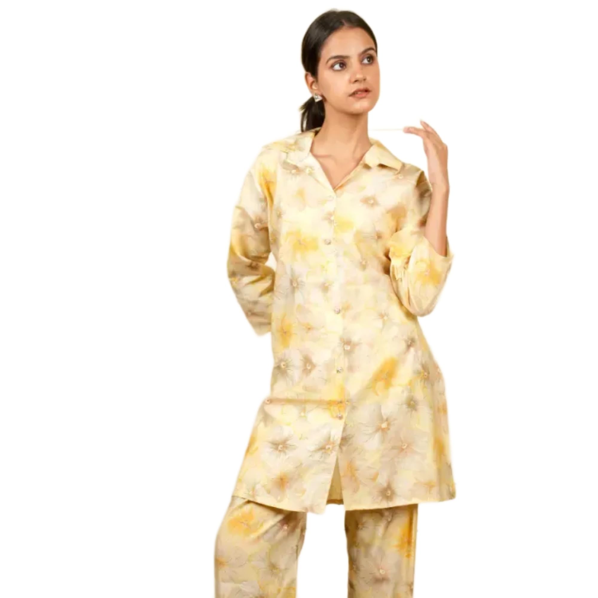 Women's Co-ord Set, Light Yellow, L, Muslin, Floral Print, Button-Down Shirt and Straight-Leg Trouser, Long Sleeve, Relaxed Fit, Hand Wash-image-20
