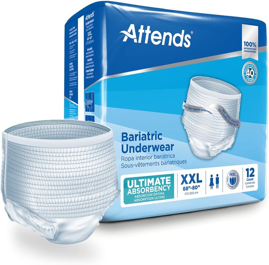 Attends Bariatric Underwear for Adult Incontinence Care with ConfidenceCuff™ Protection, Ultimate Absorbency, Unisex, XX-Large, 12 Count (x4)