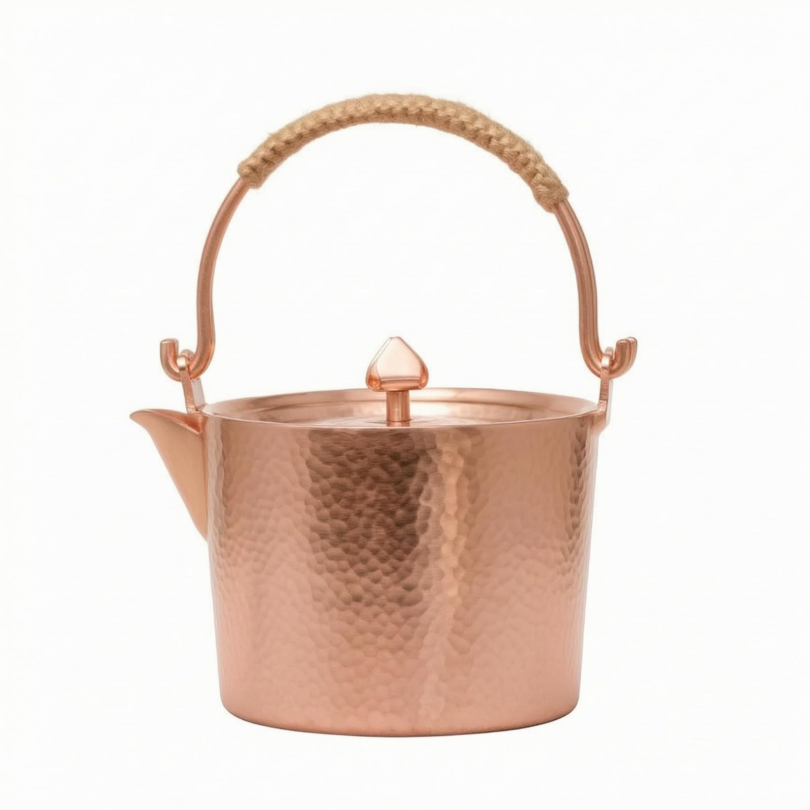 Bollitore in Rame Bollitore Teiera Caraffa Pentola Artigianale Rame Puro Beccuccio Preciso Manico Rivestito in Corda Confort per Preparazioni Calde E, Rame Originale, 1 Litro