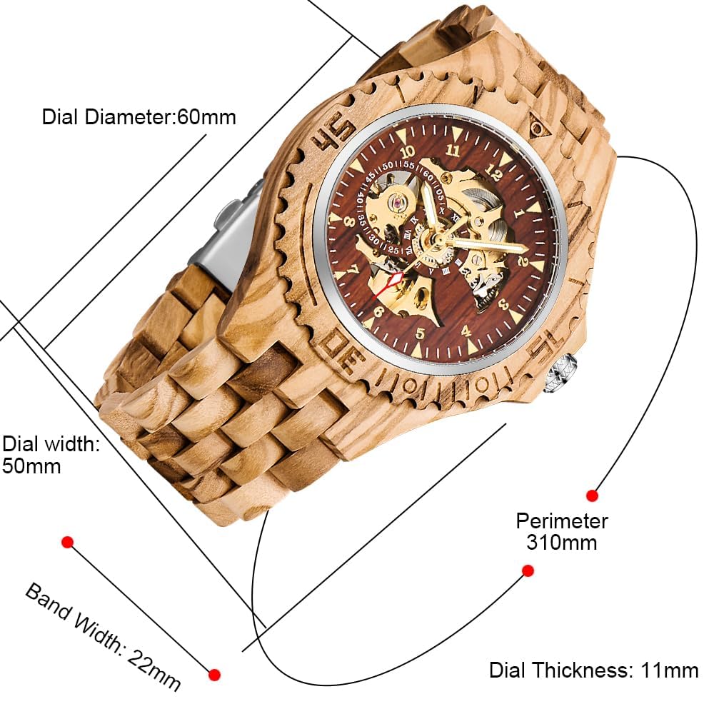 Tiong Orologi meccanici in legno da uomo scheletro numeri romani carica automatica Orologio in legno leggero per uomini Orologio da polso, Fbm-mw1090-marrone rosso, Gotico