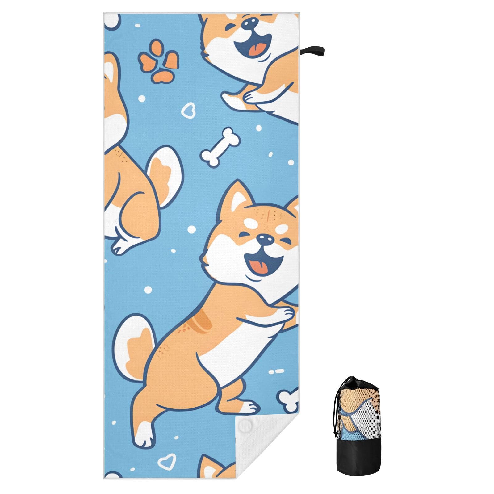 Toallas de playa grandes con bolsas de malla para adultos, lindo perro Shiba con huesos, toalla de baño con cierre magnético, toalla absorbente de secado rápido para piscina, camping y viajes