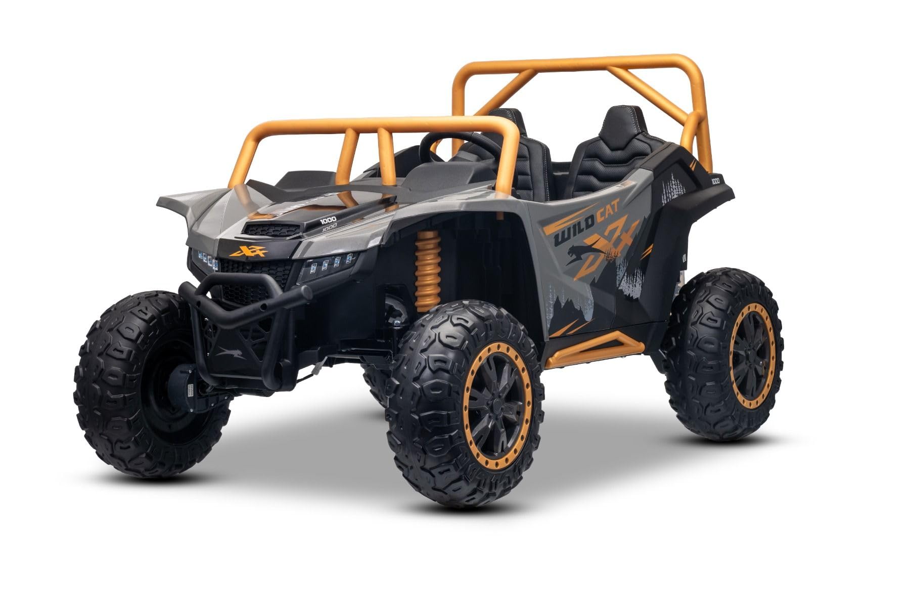 Buggy elettrico Artic CAT XXL 4x4 24V, grigio, due posti, ruote in EVA morbida, motori potenti, batteria al litio, lettore MP3 con Bluetooth, sospensioni posteriori, sedili in ecopelle, con licenza
