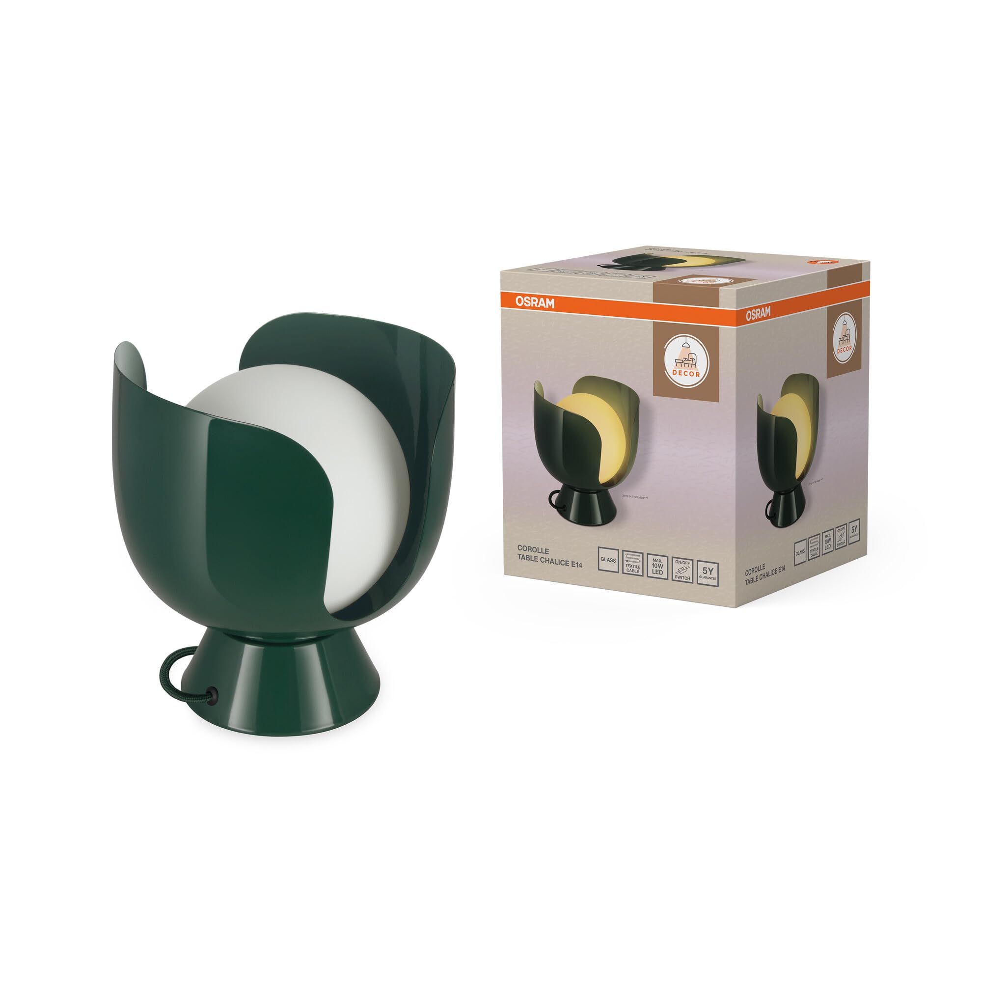 OSRAM Lampada da tavolo Decor Corolle E14, metallo e vetro, cavo tessile, lampadine sostituibili, stile retrò, verde