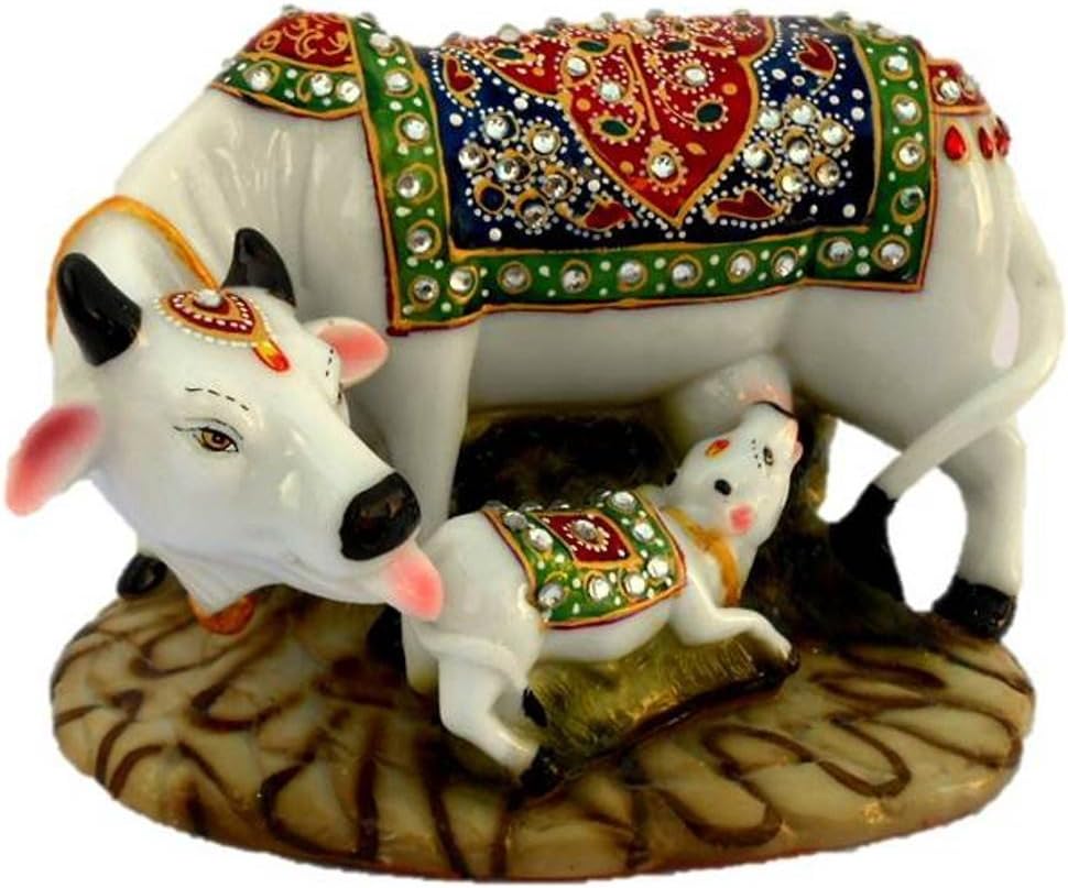 Handicraft Action Decorative Marble Dust/Polyresin Cow And Calf Big Statue/Idol,5X3X3Inch(Multicolour)
