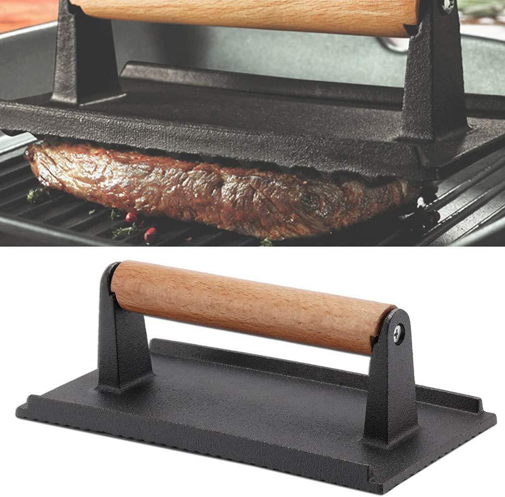 Gusseisen rechteckige Speck-Fleischpresse Grill BBQ Hamburger Steak Gewicht Fleischpresse für Heimküche Schwarz