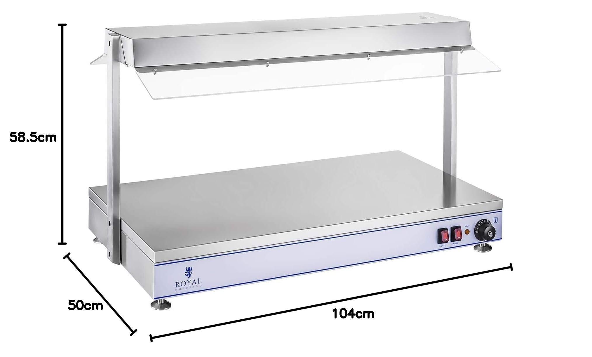Royal Catering Chauffe-Plats Electrique Professionnel RCHP-100H (Puissance 1550W, température 0 – 110 °C, 3 Lampes halogènes chauffantes au Dessus, INOX et plexiglass)