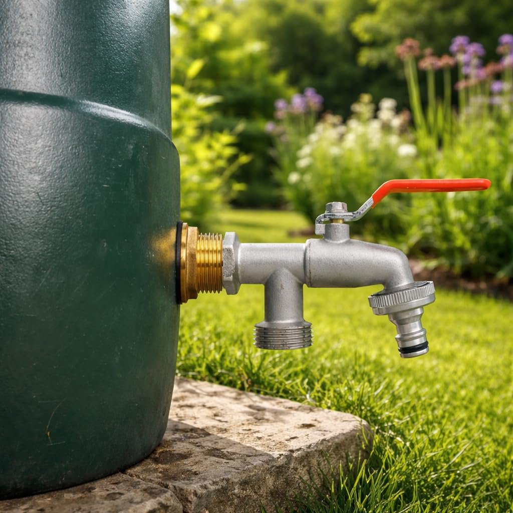 Solid brass water butt/rain barrel/tank threaded outlet adaptor/connector with 2 washers and nut,range of tap options (double lever tap)