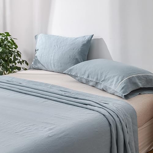 Miniatura 8 de Simple&Opulence Juego de sábanas de lino 100% de lino con punto de vainica, 4 piezas de lino europeo puro lavado (1 sábana encimera, 1 sábana