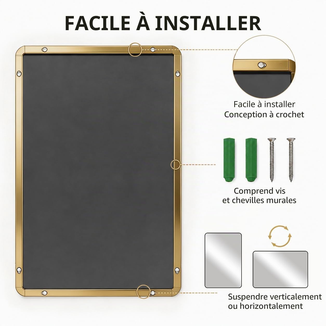 Miroir avec Cadre doré 60 x 80 cm - Grand Miroir de Salle de Bain - Miroir Mural rectangulaire pour Salle de Bain - Horizontal/Vertical