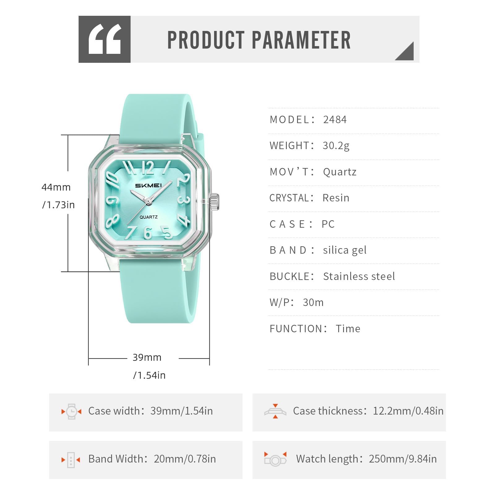Gosasa Orologio da polso da donna al quarzo, con numeri arabi, facile da leggere, quadrante quadrato, analogico, colorato, cinturino in silicone, stile casual