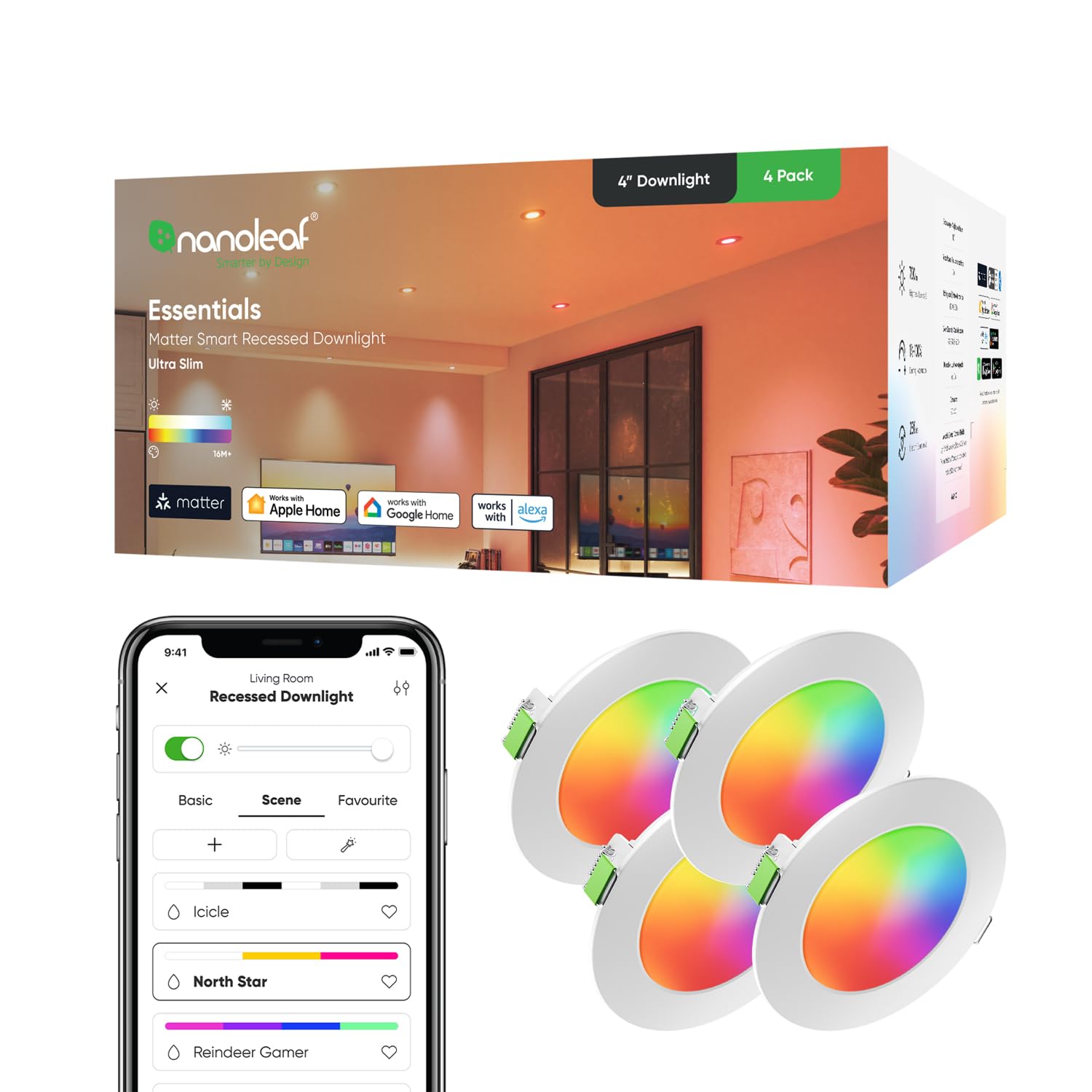 Nanoleaf Downlight LED Techo Empotrable WiFi, Inteligente Regulable Multicolor 550LM 1200K-6500K, Corte 75–85 mm,Smart Foco Empotrable Compatible con Alexa y Google