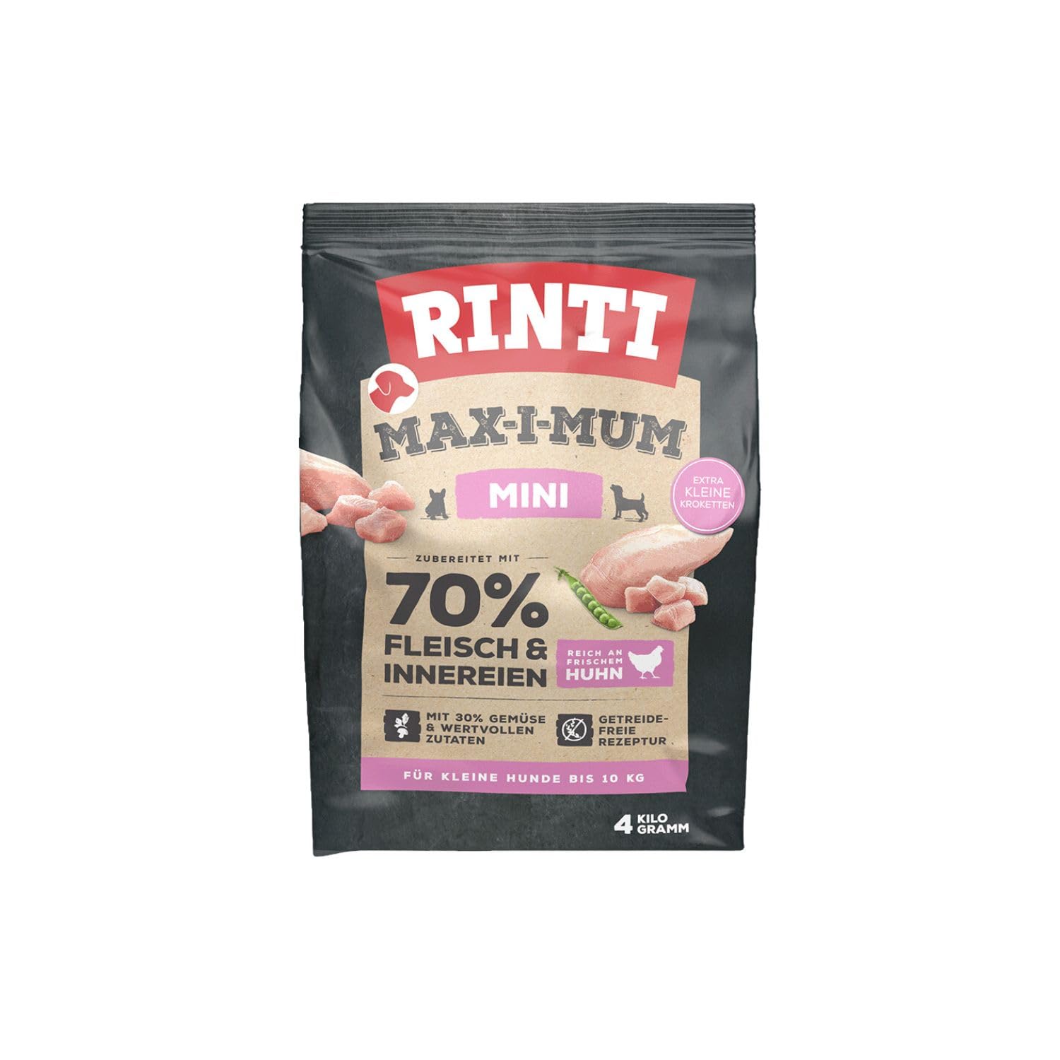 RINTI - Max-i-Mum Mini | sucha karma dla małych, dorosłych psów z 70% mięsem i podrobami. Bezzbożowa karma pełnoporcjowa o zrównoważonym stosunku białka/tłuszczu | kurczak 2 x 4 kg