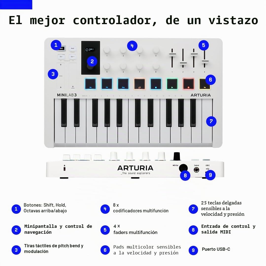 Arturia - MiniLab 3 - Controlador MIDI Universal para Producción Musical, con Paquete de Software & SanDisk 128GB Extreme tarjeta microSDXC + adaptador SD + RescuePro Deluxe hasta 190 MB/s