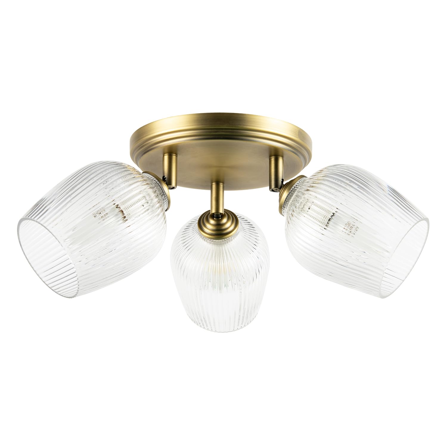 Happy Homewares Classy Antique Brass Triple Spot Ceiling Light Fitting with Clear Mini Ribbed Glass Curved Shades | 24cm x 47cm | Requires 3 x 7w LED