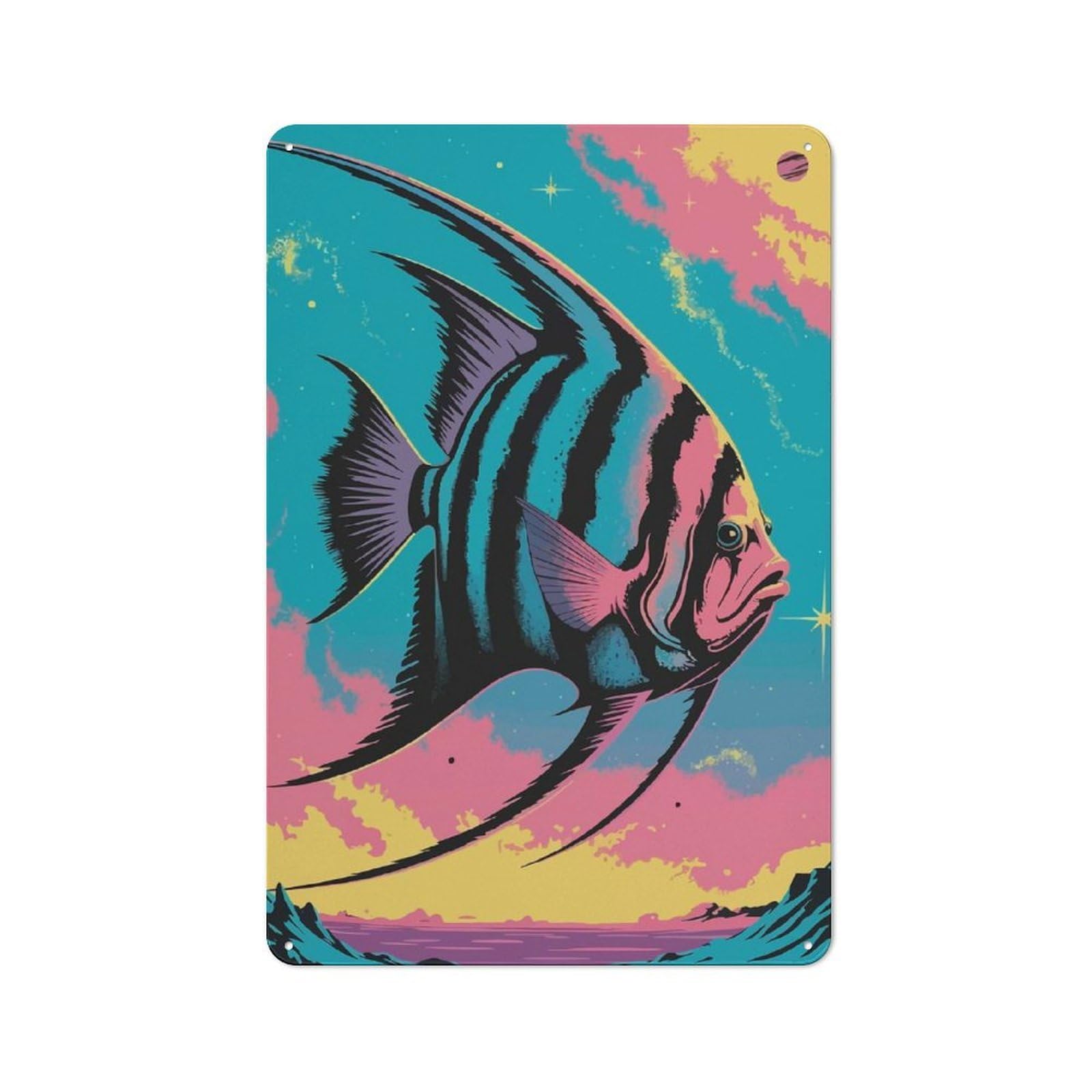 Angelfish in Space Tin Wall Plaque 30x20cm, Barn Style Rustic Kitchen Decor for Farmhouse Kitchen, Pantry Or Dining Area