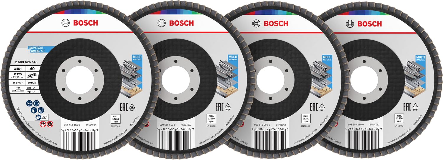 Bosch 60x X451 Fächerschleifscheiben Set (für Stahl, Aluminium, Ø 125 mm, Körnung 40, 60, 80, 120, Professional Zubehör Großer Winkelschleifer)
