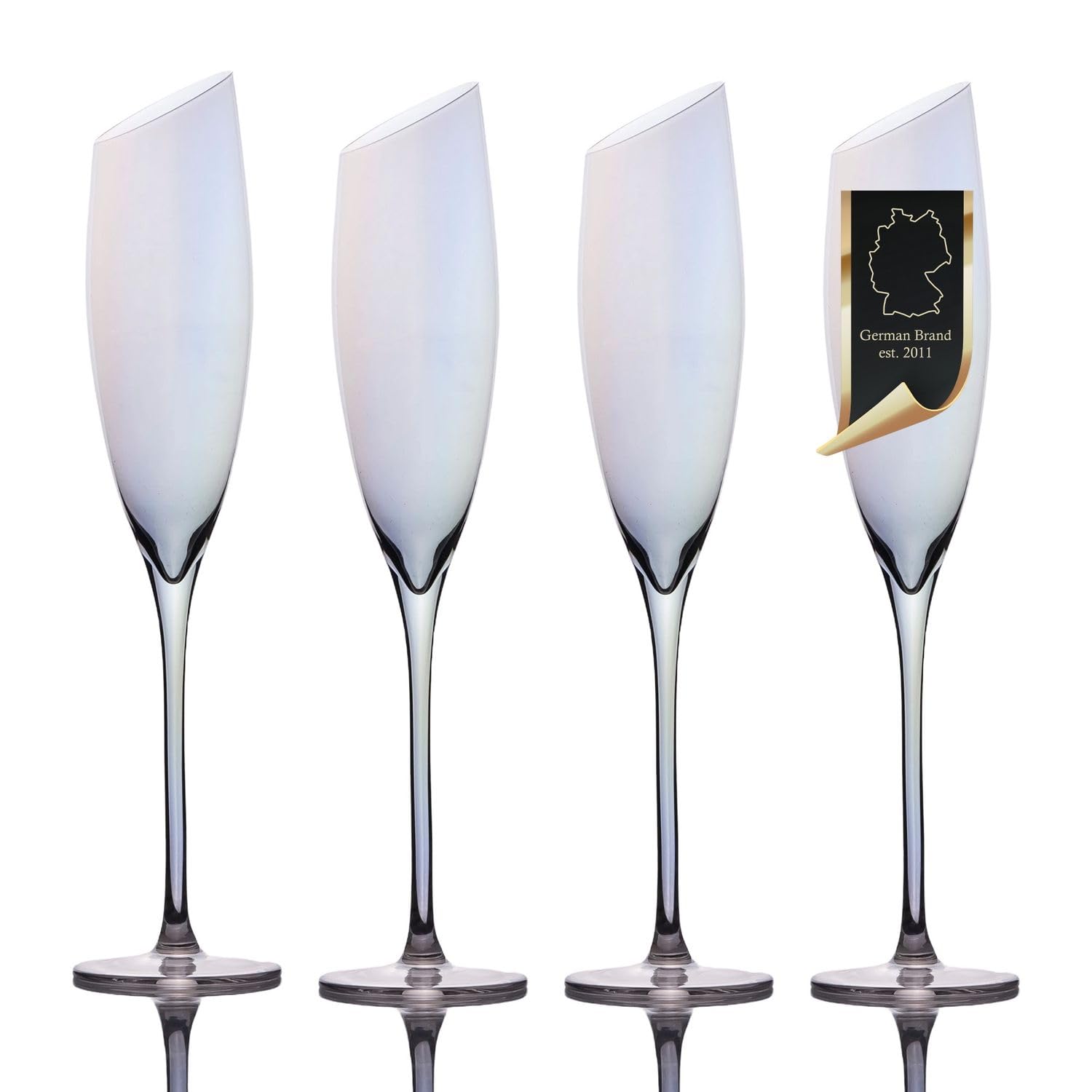 INTIRILIFE 4x Champagner Glas mit moderner Kante und Regenbogen Schimmer - 150 ml Füllmenge - Sekt Prosecco Glas Spülmaschinenfest Kristallglas stoßfest