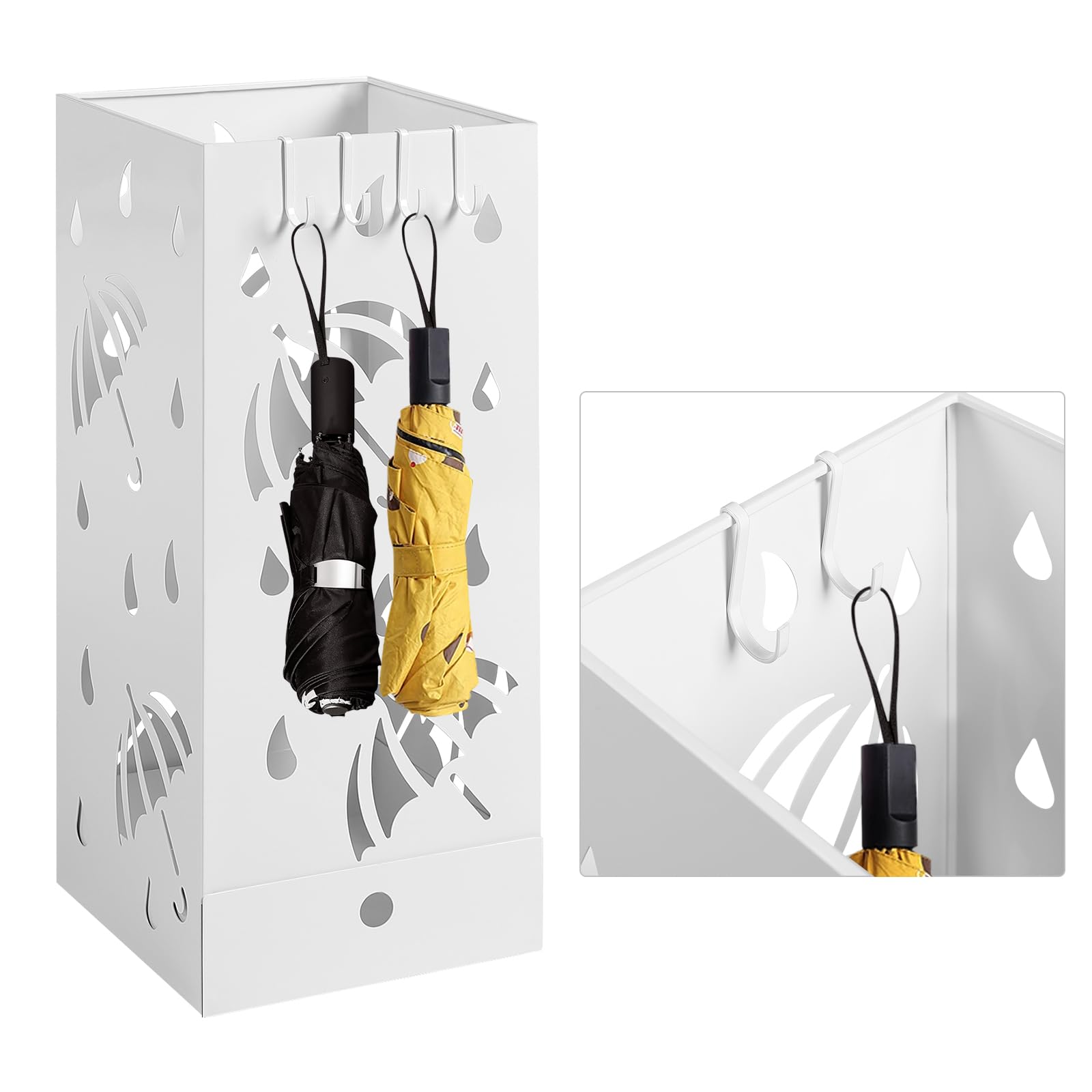 Laneetal Paragüero de Metal, Soporte de Paraguas, Paragüero con 4 Ganchos y Bandeja de Goteo, Cubo Cuadrado para Paraguas con Agujeros de Dibujo, Blanco, 20x20x49cm