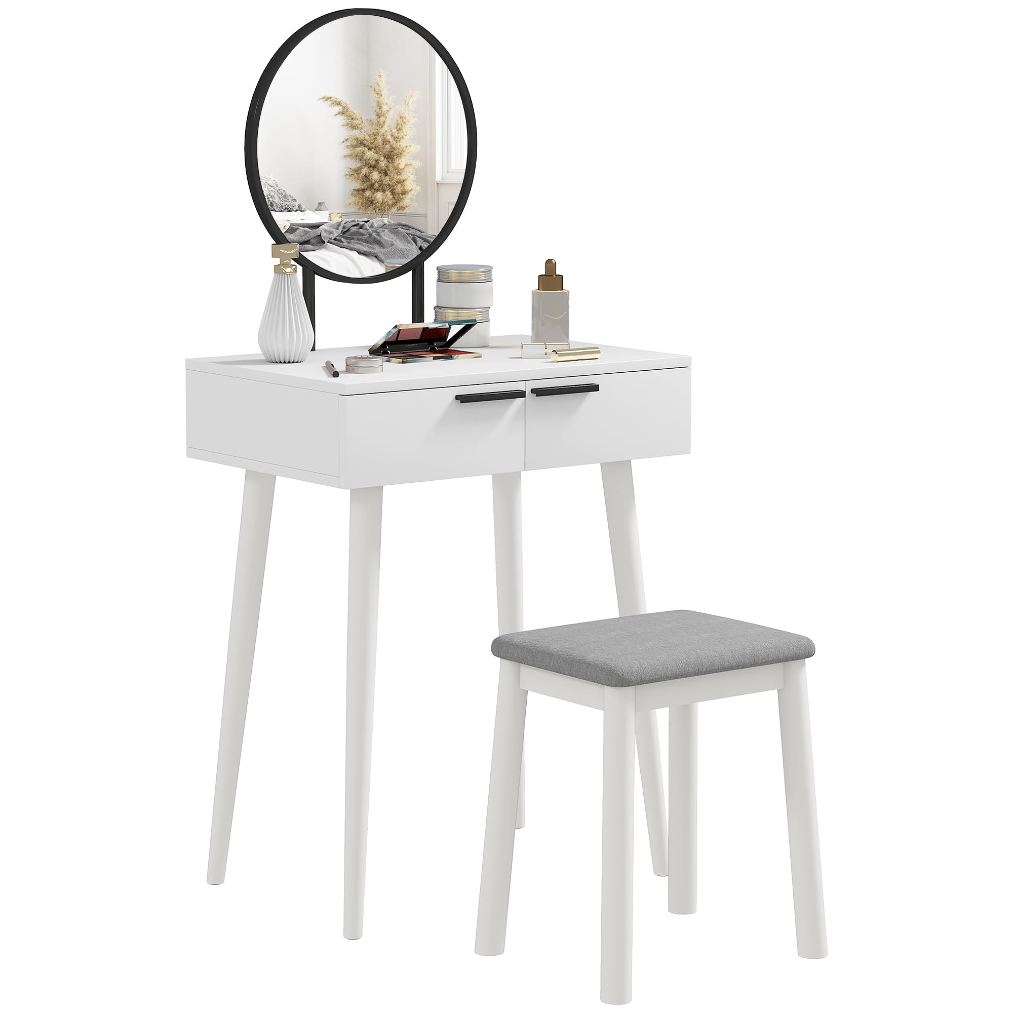 Homcom White Dressing Table Vanity Set Make Up Desk With Mirror & Stool - Yes - Round