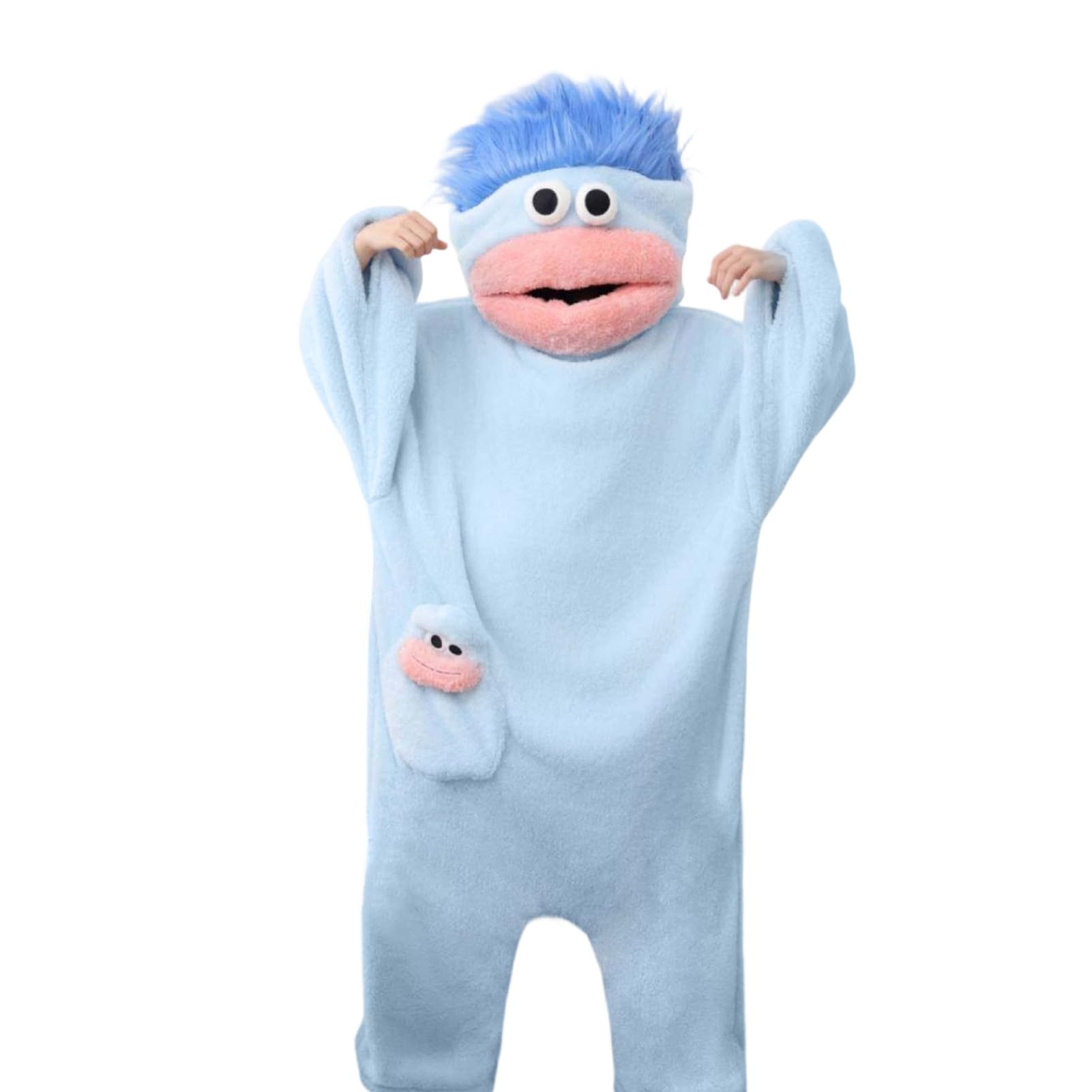 Ansamy Silly Onesie Funny Green Monster Onesie Pajamas for Adults, Fluffy Hooded Jumpsuit with Pockets, Wearable Blanket for Home Loungewear, Funny Big Mouth One Piece Loungewear Unisex (Blue, M)