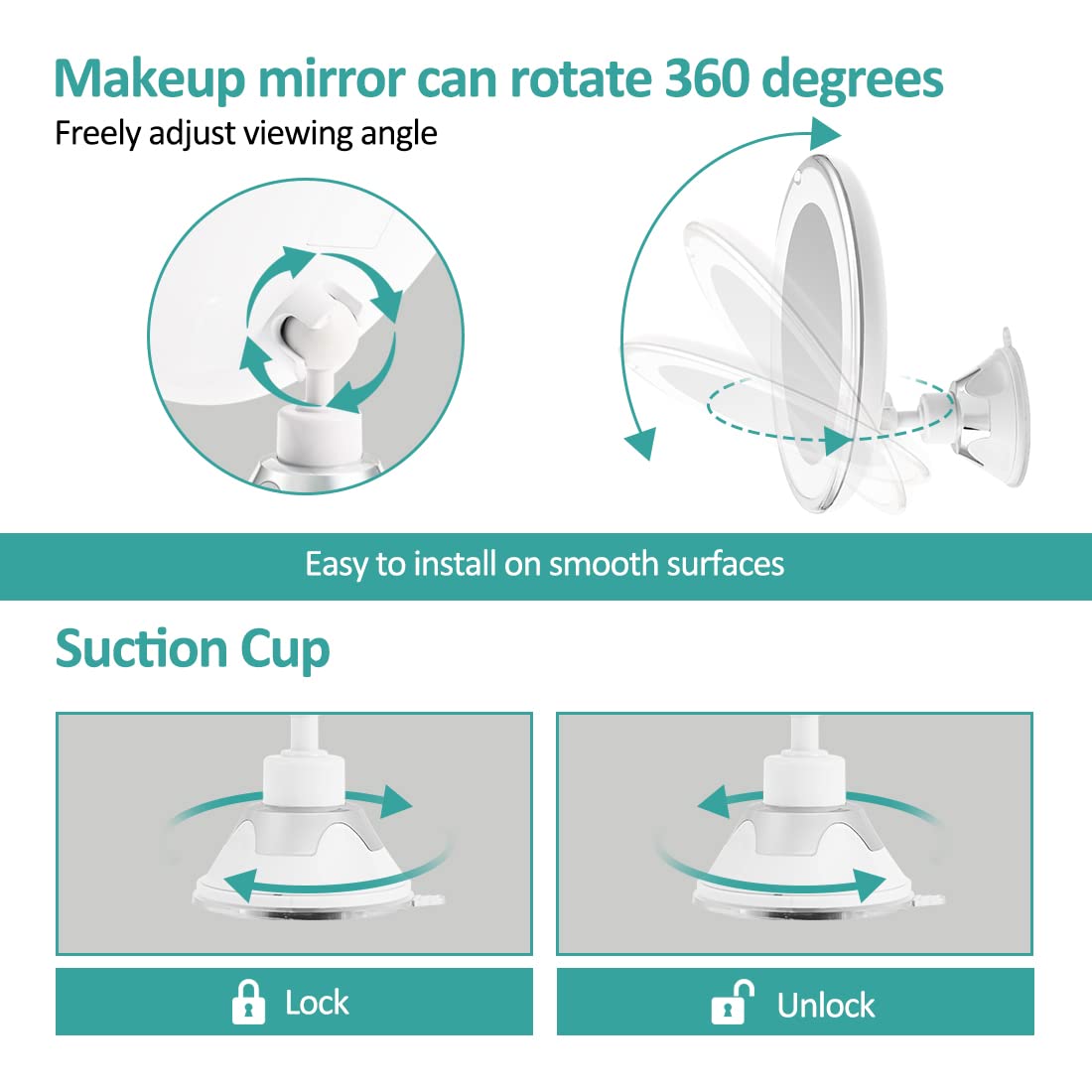 EMEK Miroir Maquillage LED 5x Grossissement - Portable Rotation 360° Avec Ventouse