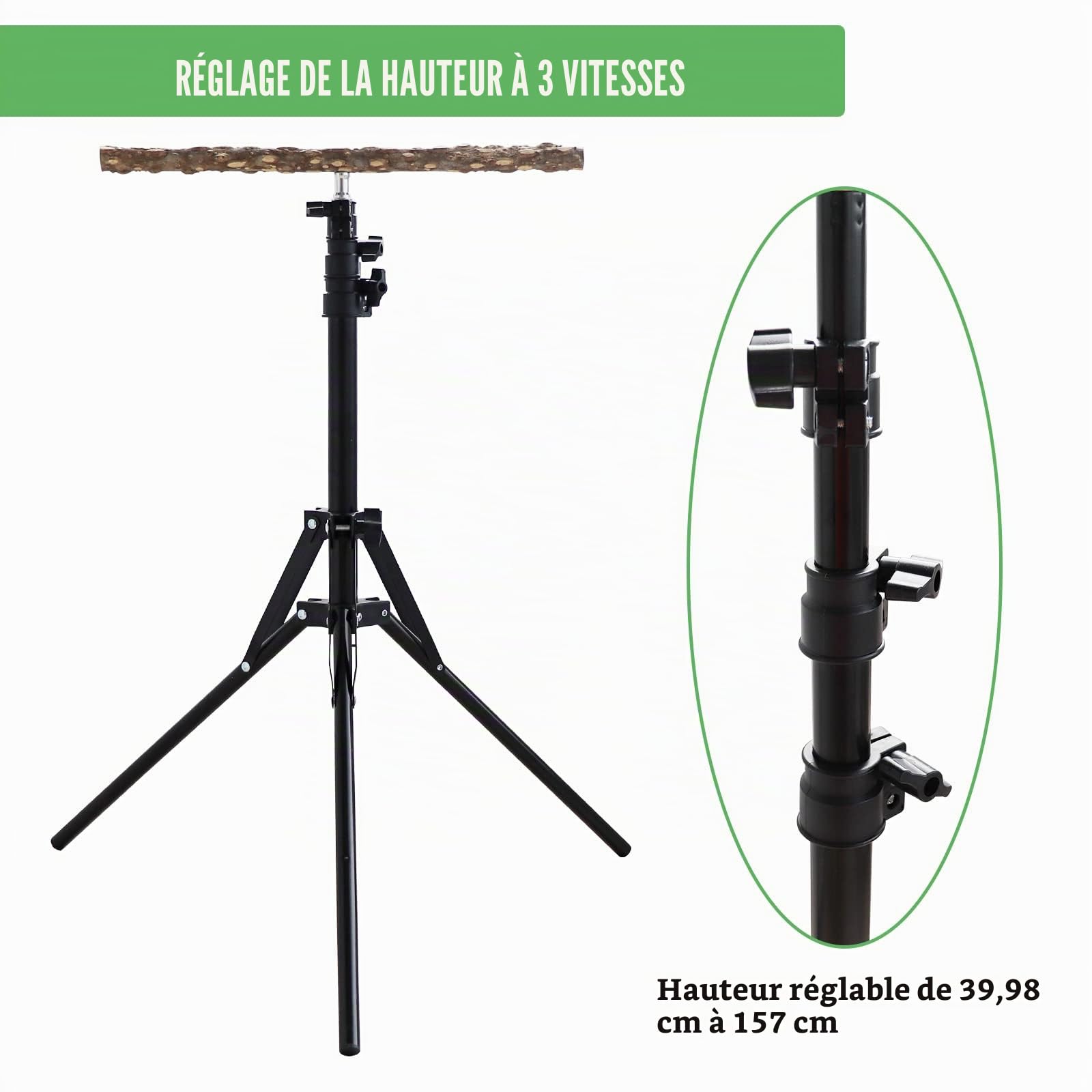 Perchoir en bois de poivre naturel, hauteur réglable idéal pour oiseaux de petite et moyenne taille usage intérieur et extérieur