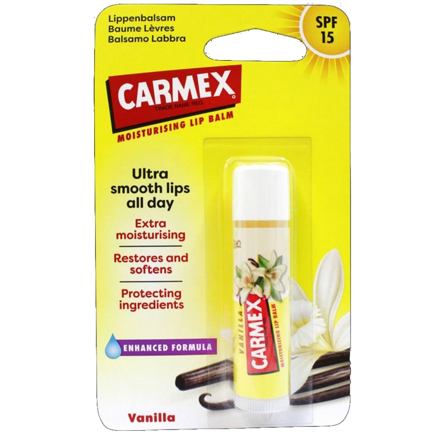 Carmex Vanille Lippenbalsam extra feuchtigkeitsspendend LSF 15 12 Einheiten