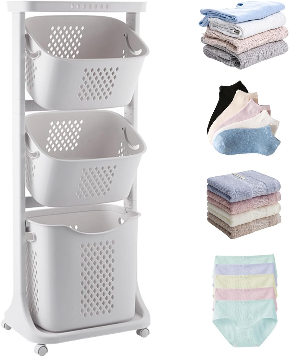 3 Tier Rolling Laundry Hamper Sorter with Wheels, Portable Rolling Cart Clothes Storage Baskets Freestanding Clothes Hamper Basket Organizer for Bathrooms Laundry Rooms