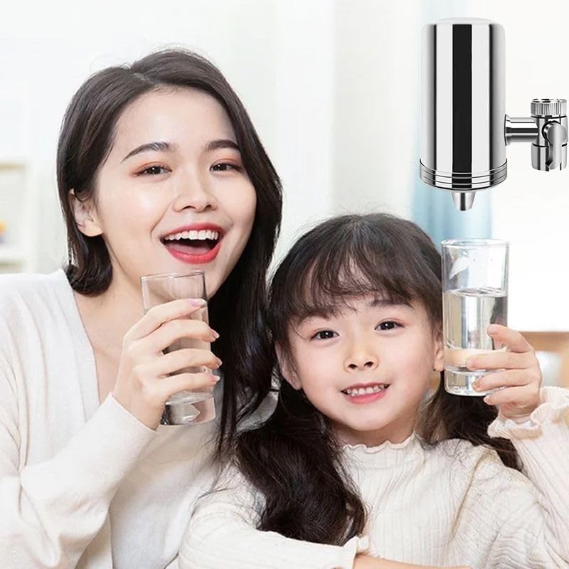 Wasserfilter Wasserhahn Filter Water Filter mit 4 Patronen Ersatzkartusche Reduziert 98% Bakterien Technology Premium Edelstahl- Wasserhahnfilter für Küche, Bad, Wohnmobile Einfach zu Montieren