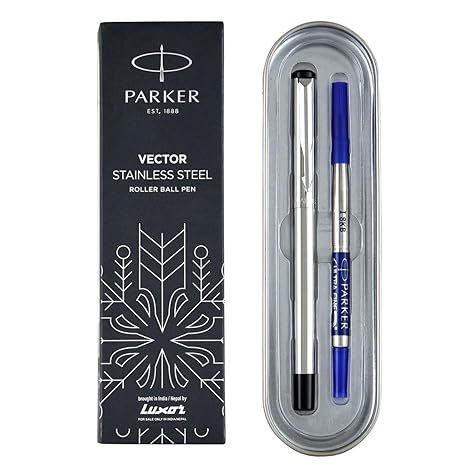 Parker Vector Stainless Steel Chrome Trim Roller Ball Pen| Ink Color - Blue | Corporate Gift | Ideal For Professional Use