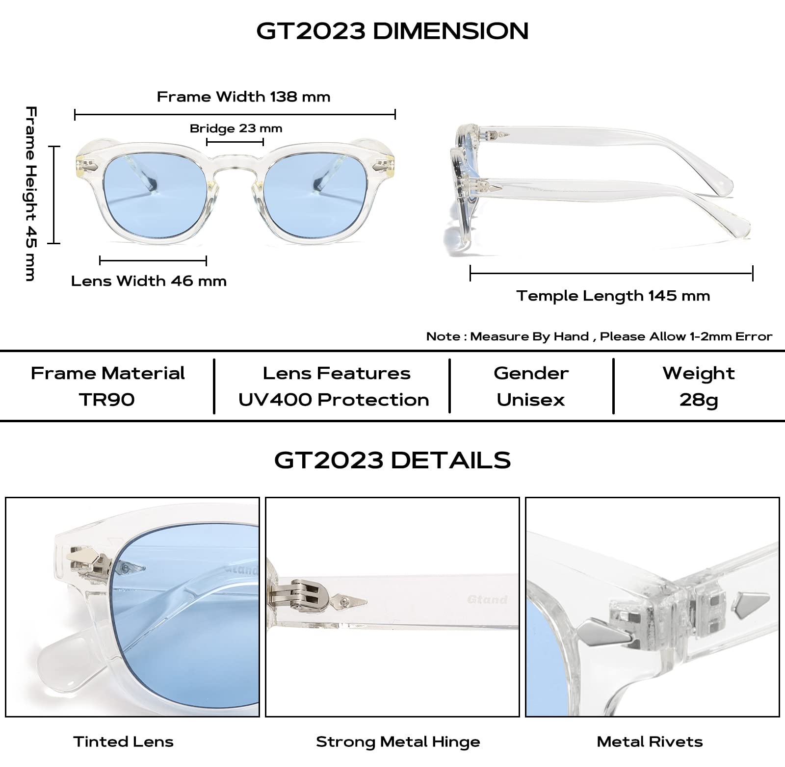 Gtand Unisex Vintage Retro Runde Stil Getönte Sonnenbrille Für Männer Frauen Mode Kreis Sonnenbrille 46mm, C25 Kristallrahmen/blau getönte Gläser, 46mm