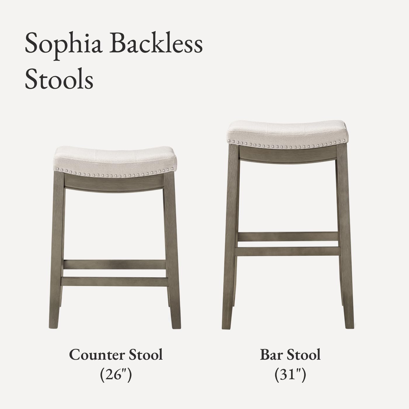 Maven Lane Sophia Backless Counter Stools 26 Inches Set of 3 – Saddle Stools with Footrest – Grey Solid Wood and Grey Fabric Upholstery – Ideal for Kitchen Islands and Counters