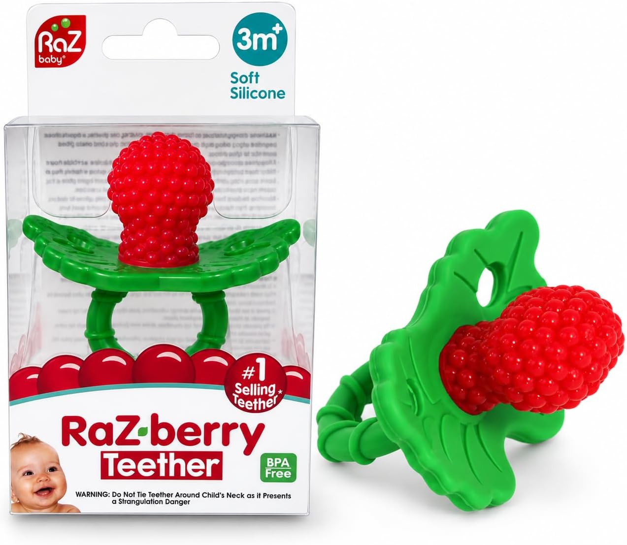 RaZbaby RaZberry Silicone Baby Teether Toy - Berrybumps Soothe Babies Sore Gums - Infant Teething Toy - Hands Free Design - BPA Free - Easy-to-Hold Design - Teething Relief Pacifier - Fruit Shape/Red