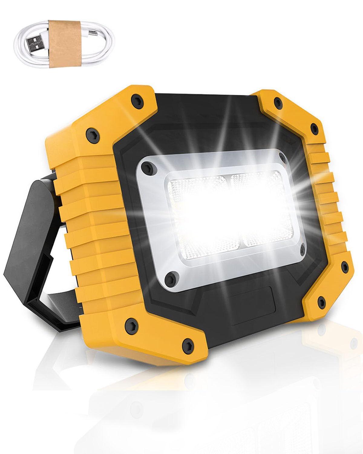 Rechargeable LED Work Light, 45W Portable Floodlight with 3 Modes and USB Charging, Waterproof Outdoor COB Work Lamp for Camping, Garage, Yard, Hiking, Emergency Lighting (Yellow, Batteries Included)