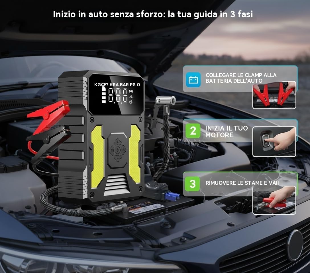 Avviatore portatile 3000A con compressore 150 PSI, 3 modalità LED, ricarica rapida, kit 4 in 1 e sicurezza avanzata, per auto, SUV, diesel fino a 8L, ideale per campeggio, viaggi ed estate