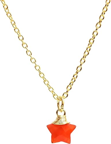 Gempires Natural Carnelian Star Pendant Necklace Handmade Jewelry 14k Yellow Gold Plated 16 + 2 Inch Adjustable Chain (Carnelian)