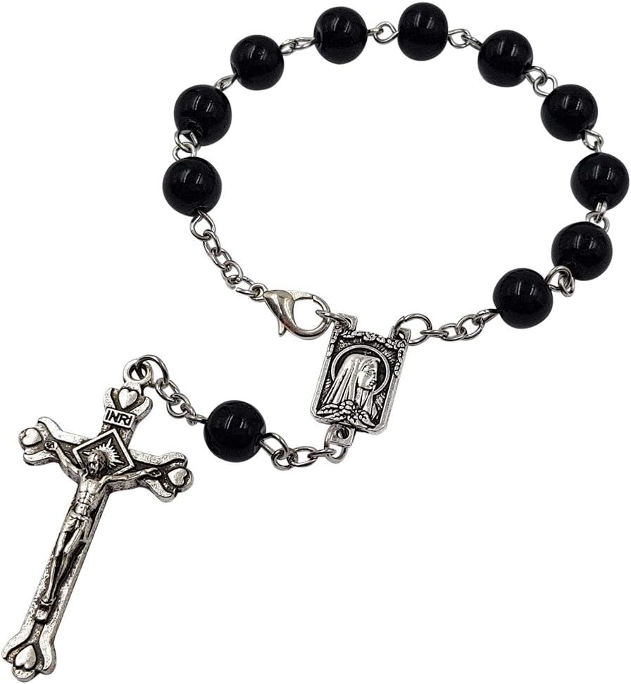 Treasure4U-Store One Decade Auto Rosary for Rearview Mirror Black Pearl Glass Beads Catholic Bracelet Our Lady of Lourdes Centerpiece Religious Gift Car Truck Travel Protection - Image 2
