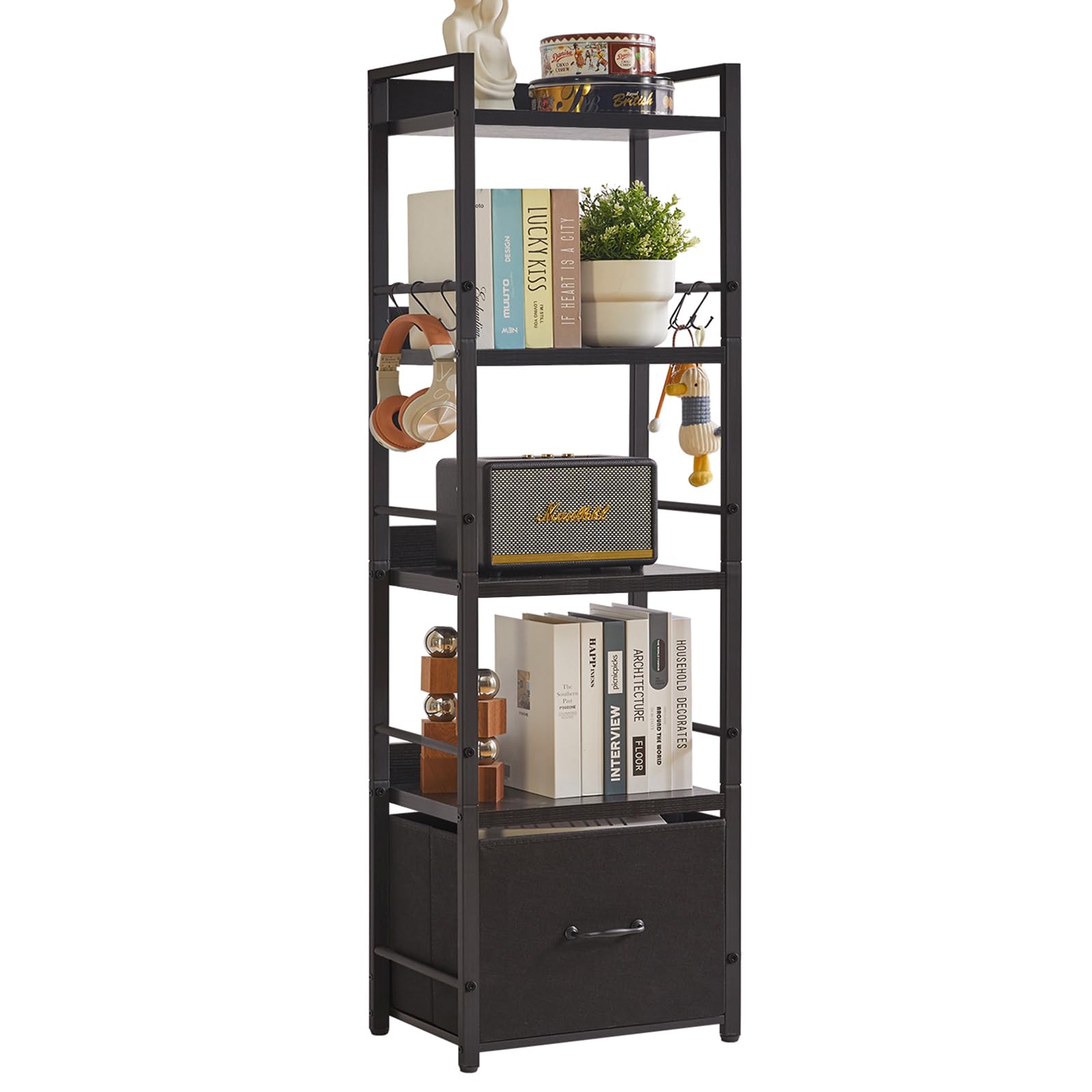 Aibiju Estantería de Escalera, Estantería de 5 Niveles con Cajón de Tela, Estante de Escalera Industrial, Estantería Alta y Estrecha con Estantes para Dormitorio, Sala de Estar, Negro YD-BC001B
