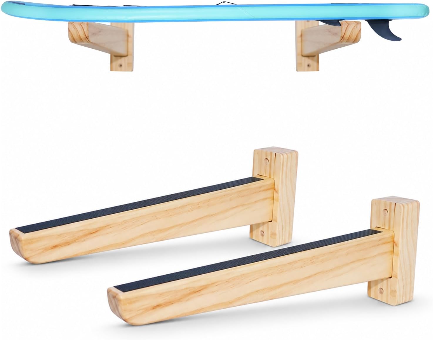 Wood Surfboard Rack Wall Mount, Solid Pine Wooden Surf Board Storage Racks for Horizontal Display, Heavy Duty Paddle Board Wall Hanger for Garage & Home