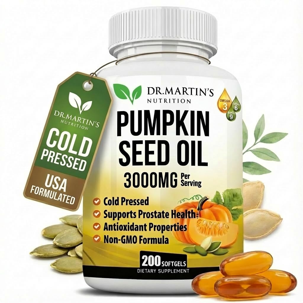 3000mg Cold Pressed Pumpkin Seed Oil | DHT Blocker | Promotes Hair Growth | Supports Heart, Skin, Prostate & Urinary Health | Contains Vitamins, Minerals & Omega 3, 6 & 9 For Anti-Aging | 200 Softgels