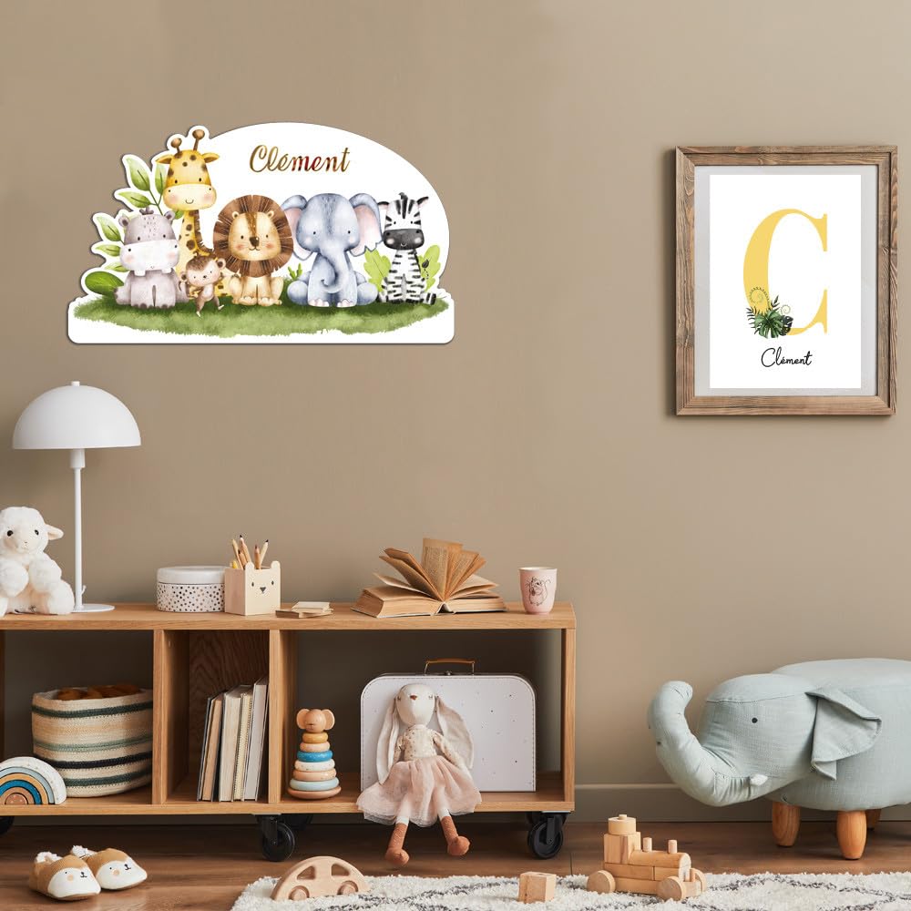 Adzif.biz Le sticker de decoration Tête de lit Animaux de la Jungle Personnalisable, Plaque Murale décor Chambre bébé Animaux de la Jungle
