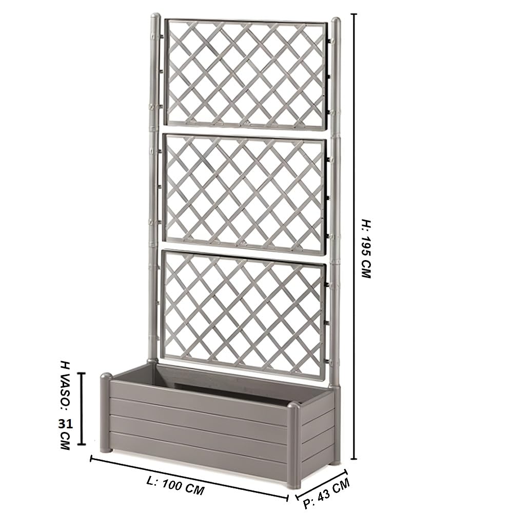 Fioriera con vaso largo cm 100 grigia Spalliera Grigliata alta cm 195 separe' e graticola rampicante modulabile e componibile per Esterni Giardini Terrazze separatore ambienti locali commerciali