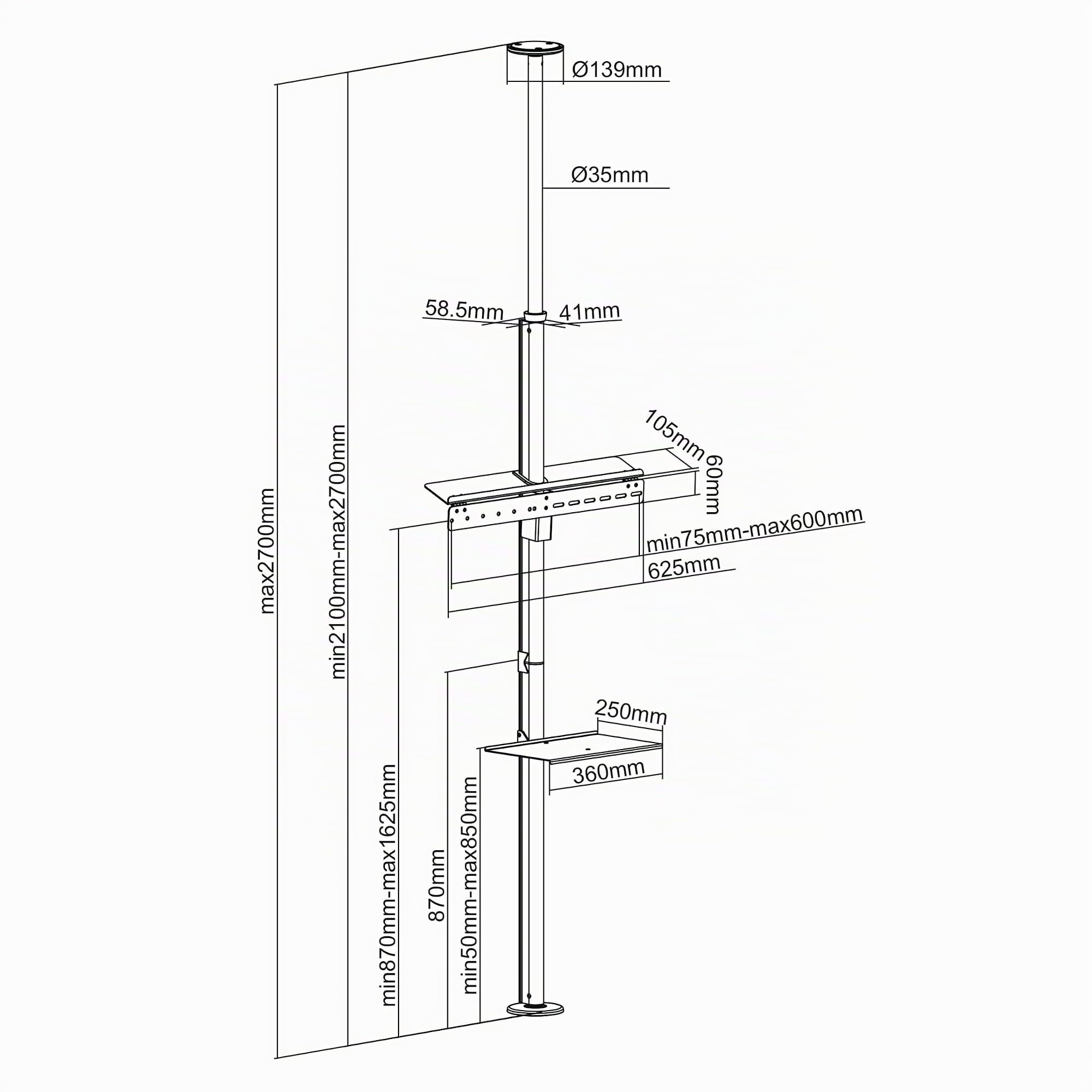 Maclean MC-791N Porta TV Telescopico Soffitto- Pavimento con mensola 37 "-70", max. 30 kg