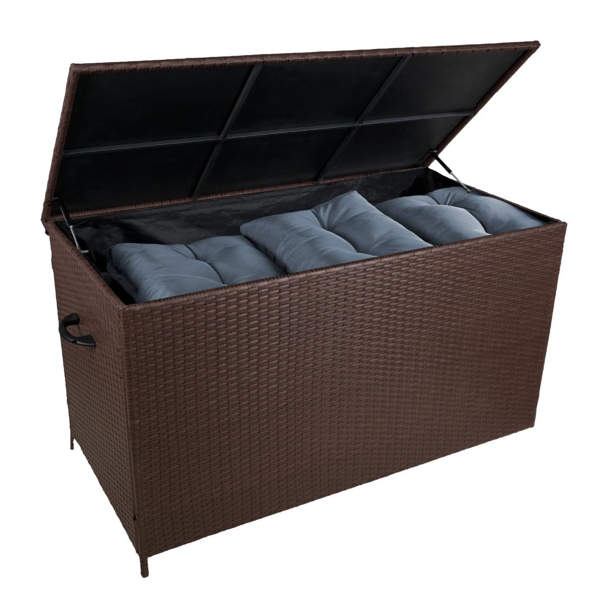 Coffre de Rangement Jardin Extérieur 586 L en Rotin Marron Résistant Aux Intempéries Doublure Zippée Rangement de Coussins Serviettes Jouets Meuble de Jardin Terrasse Cadre en Acier Verin en Gaz