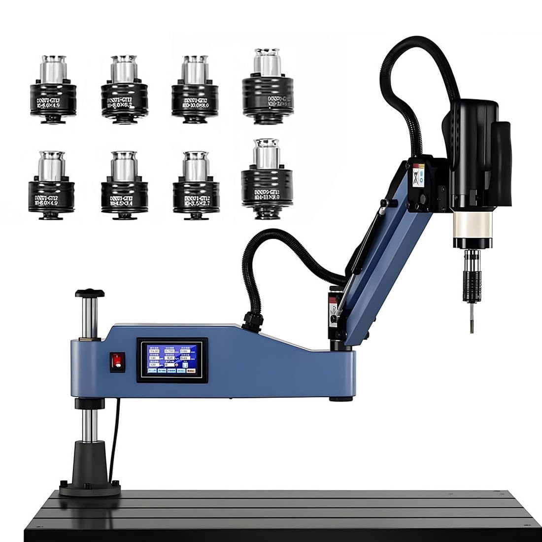 Roscadora Eléctrica, Brazo Roscador Universal 312 RPM, Brazo Roscador Flexible De 1000 Mm, Roscadora Vertical, Taladro/Roscadora, Pantalla Táctil Inteligente, 8 Pinzas (M3-M16) Blue
