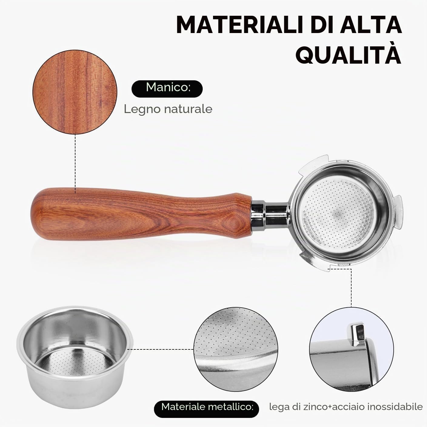 Portafiltro Senza Fondo da 51mm con Schermo a Disco compatibile per DeLonghi EC680/EC685, portafiltro da 51 mm con cestello filtro in acciaio inox manico in legno