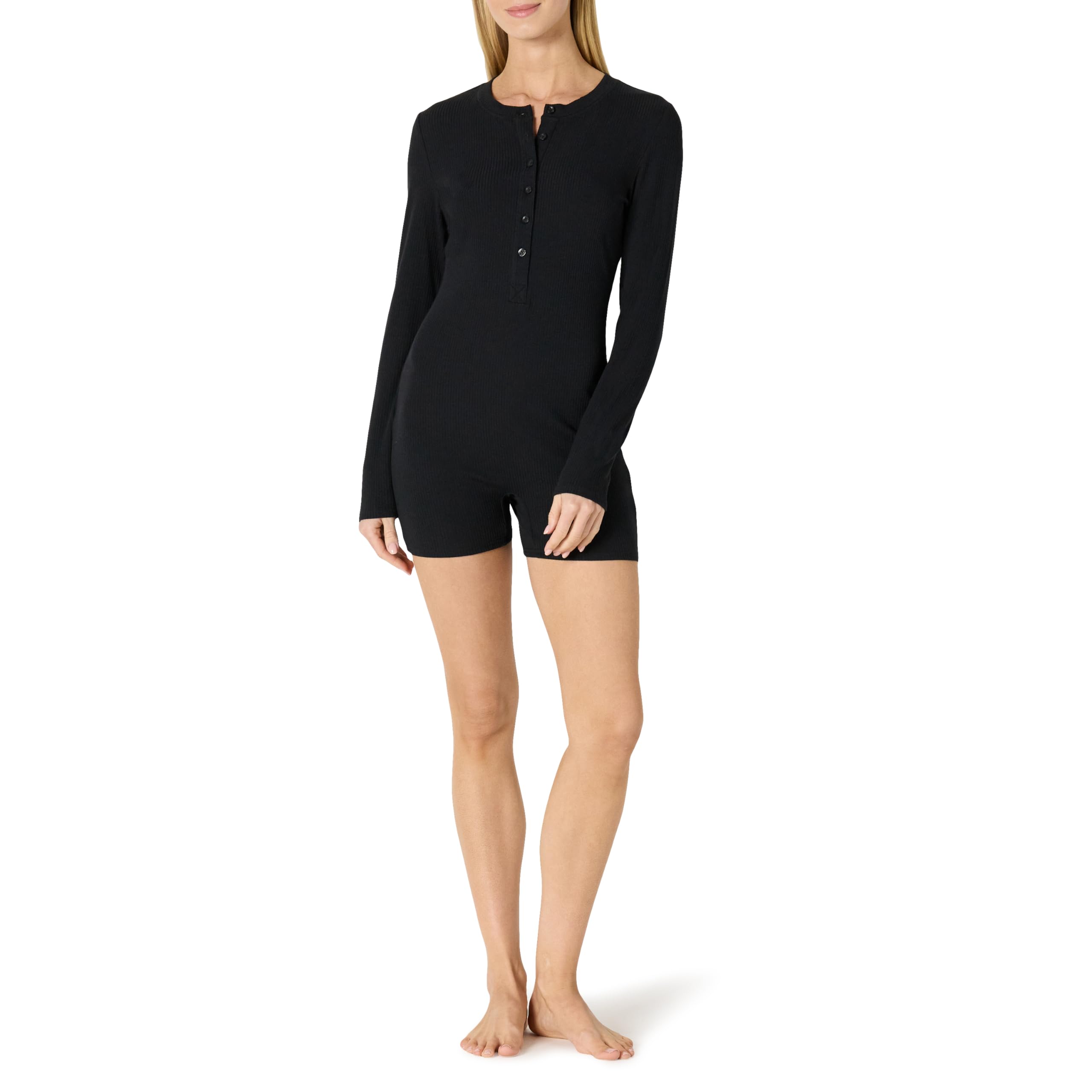 Amazon Essentials Women's Ribbed Cotton Blend Long Sleeve Lounge Romper, Black, Large