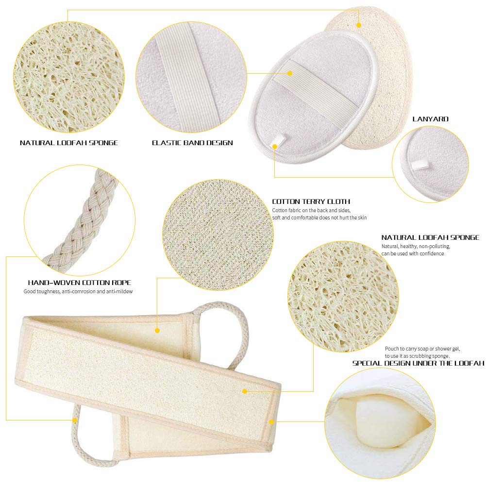 Loofah gąbka do mycia pleców, wanny, zestaw rękawiczek, biodegradowalna, naturalna gąbka do pielęgnacji ciała, masaż, zapobiega peelingowaniu krążenia krwi – dwuczęściowy zestaw