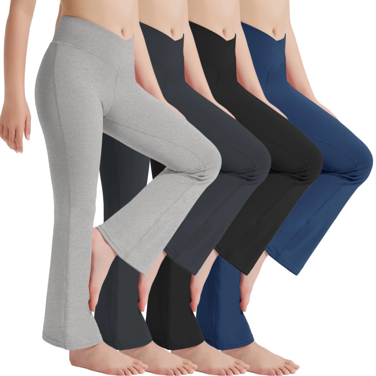 EXARUS Confezione da 4 leggings per ragazze e adolescenti, pantaloni da yoga incrociati a V in vita alla caviglia/lunghezza intera a vita alta per sport casual